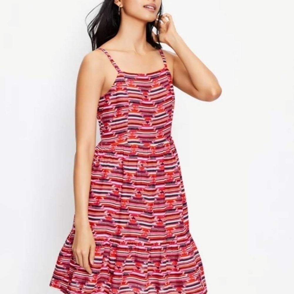 NEW Loft Red Print Lined Tiered Dress Spaghetti Strap